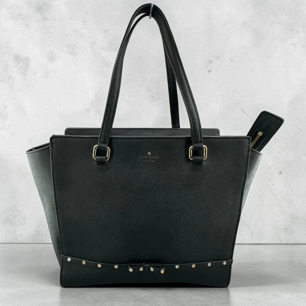 Kate Spade Laurel Way Large Jeweled Hadlee Bag Black Saffiano Leather Studded